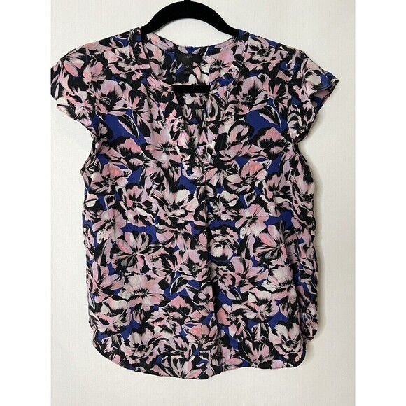 J. CREW 100% Silk Floral Hibiscus Print Flutter Sleeve Blue Pink Top 12P - Picture 3 of 8